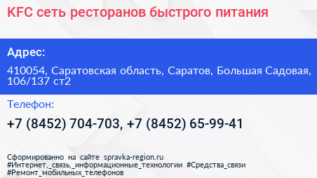 KFC сеть ресторанов быстрого питания - визитка