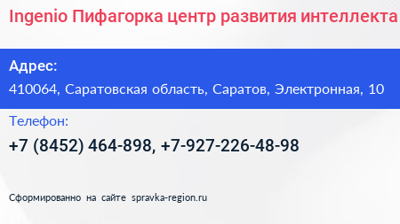 Ingenio Пифагорка центр развития интеллекта - визитка
