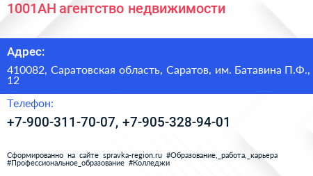 1001АН агентство недвижимости - визитка