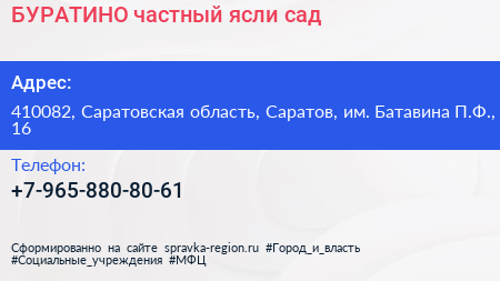 БУРАТИНО частный ясли сад - визитка