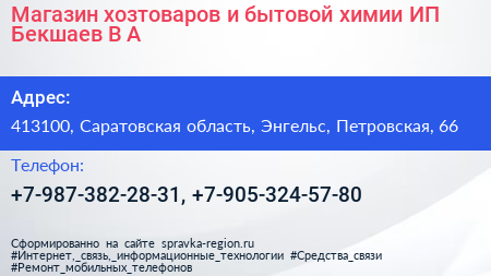 Магазин хозтоваров и бытовой химии ИП Бекшаев В А  - визитка