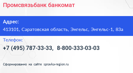 Промсвязьбанк банкомат - визитка