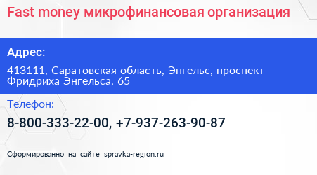Fast money микрофинансовая организация - визитка