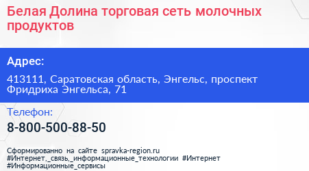 Белая Долина торговая сеть молочных продуктов - визитка