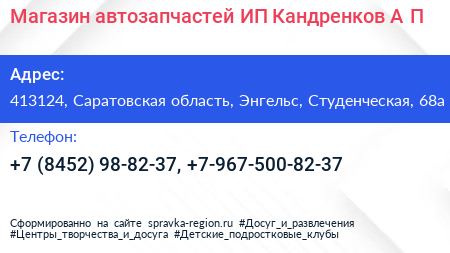 Магазин автозапчастей ИП Кандренков А П  - визитка
