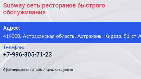 Subway сеть ресторанов быстрого обслуживания - визитка