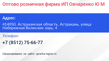 Оптово розничная фирма ИП Овчаренко Ю М  - визитка