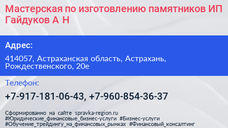 Мастерская по изготовлению памятников ИП Гайдуков А Н  - визитка