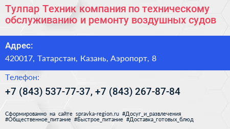Тулпар Техник компания по техническому обслуживанию и ремонту воздушных судов - визитка