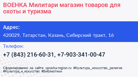 ВОЕНКА Милитари магазин товаров для охоты и туризма - визитка