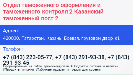 Отдел таможенного оформления и таможенного контроля 2 Казанский таможенный пост 2 - визитка