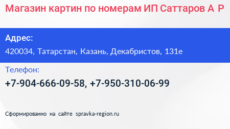 Магазин картин по номерам ИП Саттаров А Р  - визитка