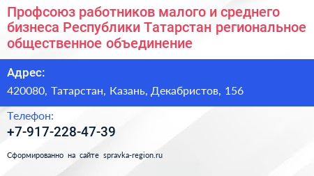 Профсоюз работников малого и среднего бизнеса Республики Татарстан региональное общественное объединение - визитка