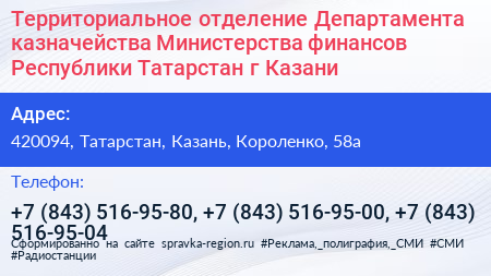 Территориальное отделение Департамента казначейства Министерства финансов Республики Татарстан г Казани - визитка
