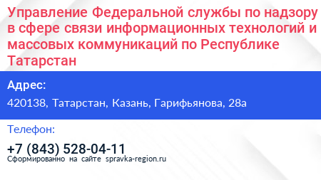 Управление Федеральной службы по надзору в сфере связи информационных технологий и массовых коммуникаций по Республике Татарстан - визитка
