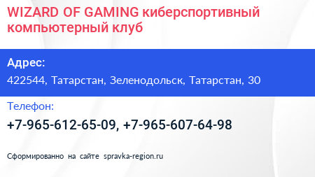 WIZARD OF GAMING киберспортивный компьютерный клуб - визитка