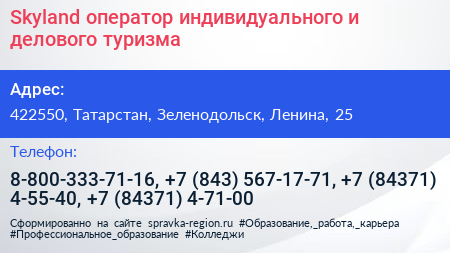 Skyland оператор индивидуального и делового туризма - визитка