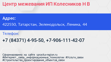 Центр межевания ИП Колесников Н В  - визитка