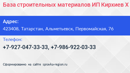 База строительных материалов ИП Кирхиев Х  - визитка