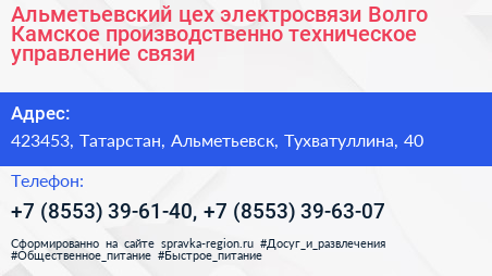 Альметьевский цех электросвязи Волго Камское производственно техническое управление связи - визитка
