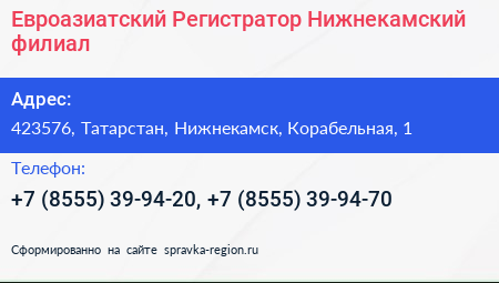 Евроазиатский Регистратор Нижнекамский филиал - визитка