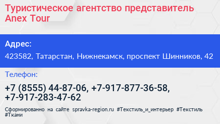 Туристическое агентство представитель Anex Tour - визитка