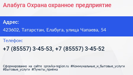 Алабуга Охрана охранное предприятие - визитка