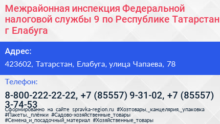 Межрайонная инспекция Федеральной налоговой службы 9 по Республике Татарстан г Елабуга - визитка