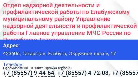 Отдел надзорной деятельности и профилактической работы по Елабужскому муниципальному району Управление надзорной деятельности и профилактической работы Главное управление МЧС России по Республике Татарстан - визитка