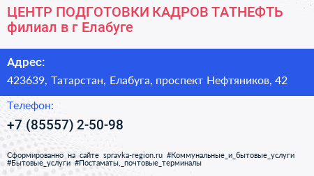 ЦЕНТР ПОДГОТОВКИ КАДРОВ ТАТНЕФТЬ филиал в г Елабуге - визитка