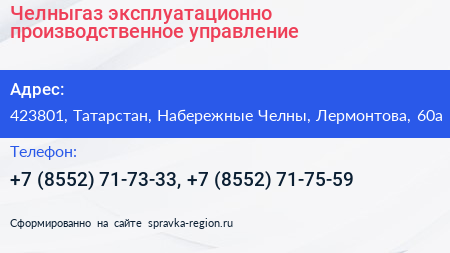 Челныгаз эксплуатационно производственное управление - визитка