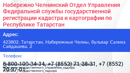 Набережно Челнинский Отдел Управления Федеральной службы государственной регистрации кадастра и картографии по Республике Татарстан - визитка