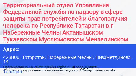 Территориальный отдел Управления Федеральной службы по надзору в сфере защиты прав потребителей и благополучия человека по Республике Татарстан в г Набережные Челны Актанышском Тукаевском Муслюмовском Мензелинском районах - визитка