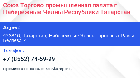 Союз Торгово промышленная палата г Набережные Челны Республики Татарстан - визитка