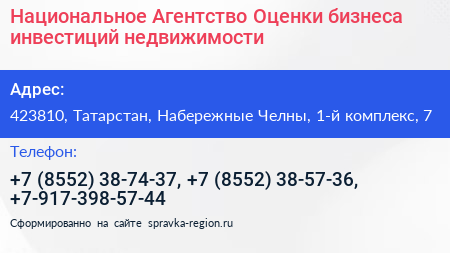 Национальное Агентство Оценки бизнеса инвестиций недвижимости - визитка