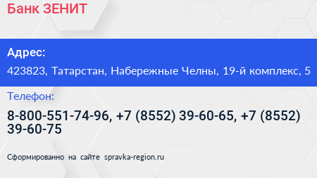 Банк ЗЕНИТ - визитка