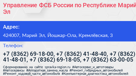 Управление ФСБ России по Республике Марий Эл - визитка