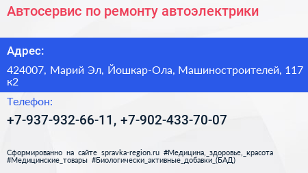 Автосервис по ремонту автоэлектрики - визитка