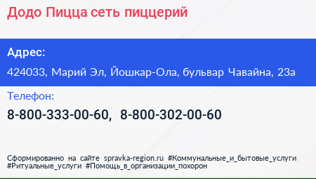 Додо Пицца сеть пиццерий - визитка