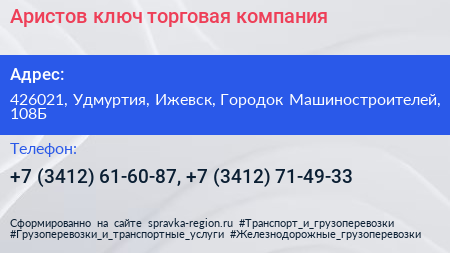 Аристов ключ торговая компания - визитка