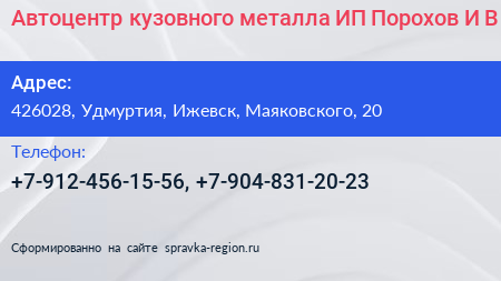 Автоцентр кузовного металла ИП Порохов И В  - визитка