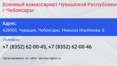 Военный комиссариат Чувашской Республики г Чебоксары - визитка