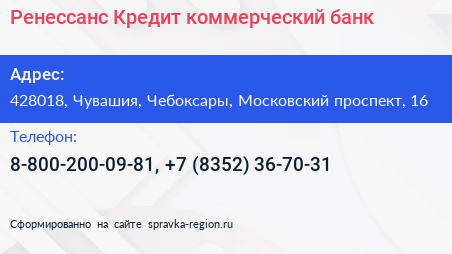 Ренессанс Кредит коммерческий банк - визитка