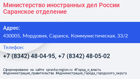 Министерство иностранных дел России Саранское отделение - визитка