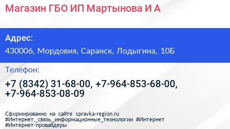 Магазин ГБО ИП Мартынова И А  - визитка