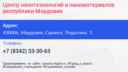 Центр нанотехнологий и наноматериалов республики Мордовия - визитка