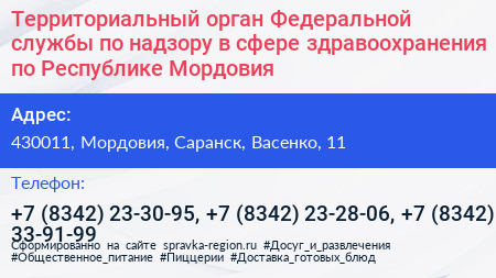 Территориальный орган Федеральной службы по надзору в сфере здравоохранения по Республике Мордовия - визитка