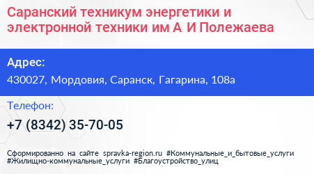 Саранский техникум энергетики и электронной техники им А И Полежаева - визитка
