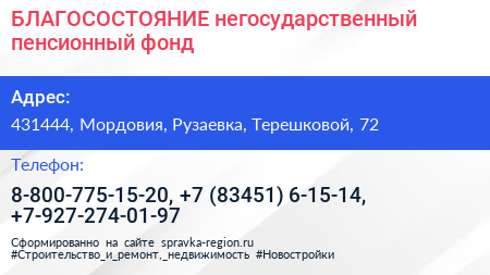 БЛАГОСОСТОЯНИЕ негосударственный пенсионный фонд - визитка