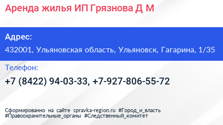 Аренда жилья ИП Грязнова Д М  - визитка